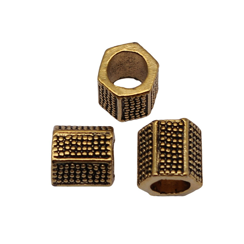 7.9x7.6x7.6mm 1.6g Antique Gold Zinc Alloy Pitted Hexagon Prism Large Hole Beads for DIY Jewelry Making