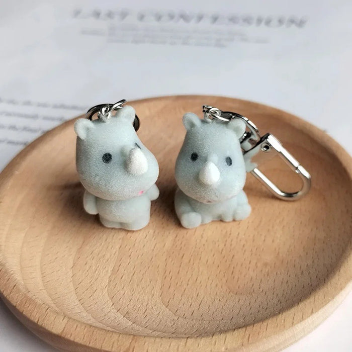 Gray Flocked Rhinoceros Keychains Standing Sitting 2 Styles
