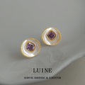 Gold Tone White Round Disc Purple Square Stone Stud Earrings view 1