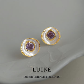 Gold Tone White Round Disc Purple Square Stone Stud Earrings