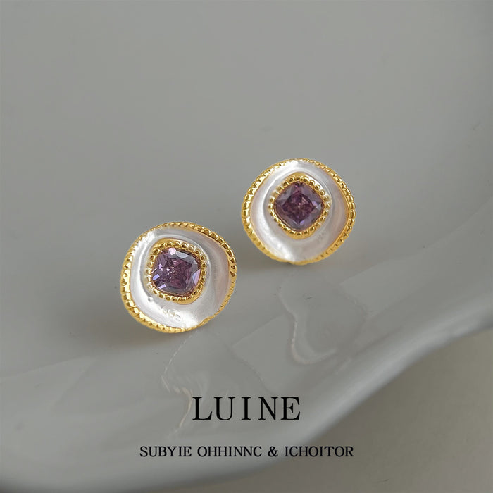 Gold Tone White Round Disc Purple Square Stone Stud Earrings