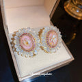 Pink Oval Floral Crystal Stud Earrings For Women Jewelry view 4