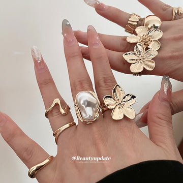 Open Metal Ring Mix Flower Pearl Wave and Solid Styles