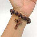 Coffee Wood Bead Stretch Bracelet Jesus Cross Charm view 2