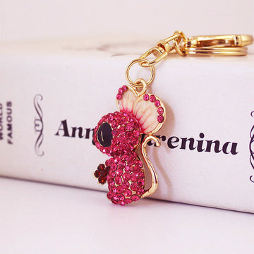 Pink Rhinestone Mouse Keychain With Split Ring And Lobster Clasp