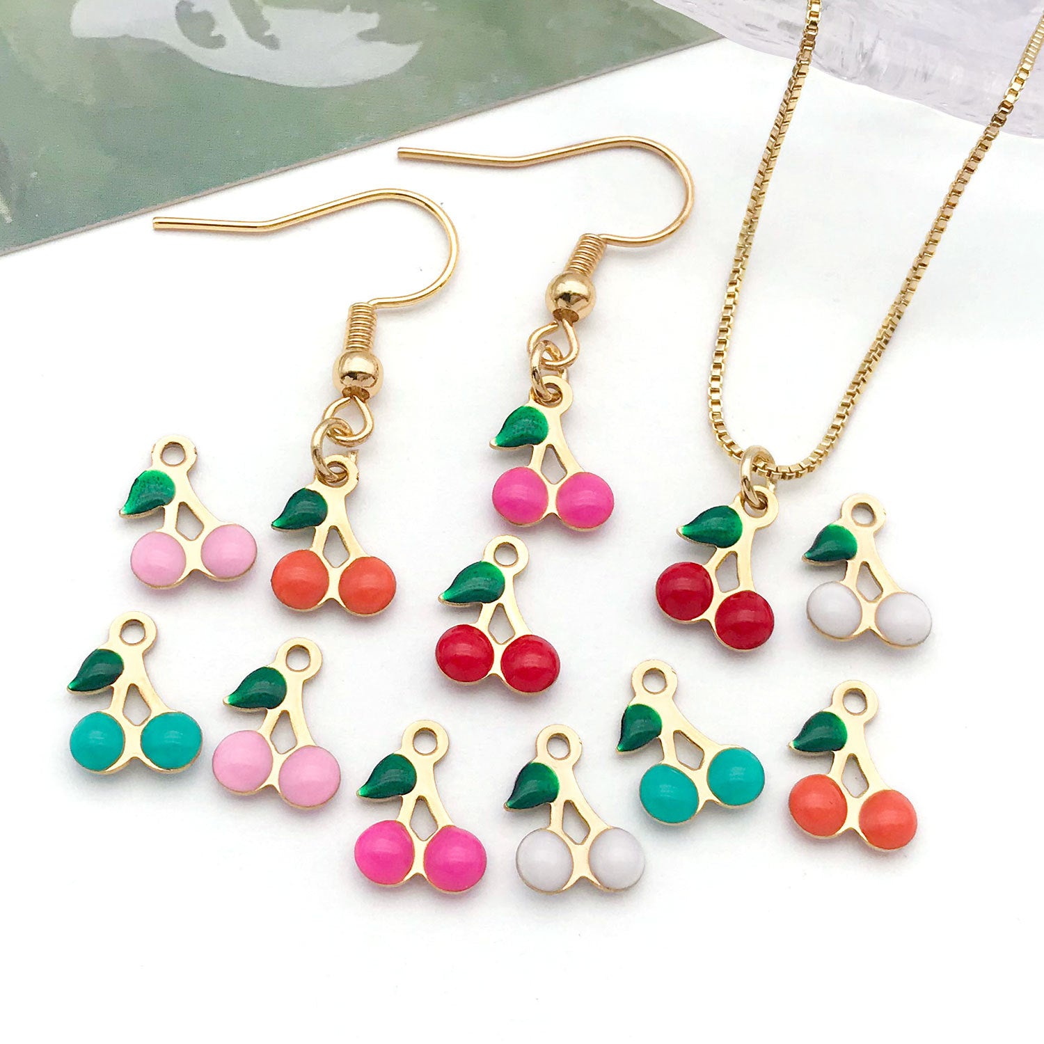 Enamel Stainless Steel Cherry Charm Pendants for Bracelet Necklace Earring Jewelry Making