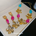 Gold Flower Necklace Pink Teal Beads Matching Drop Earrings view 4