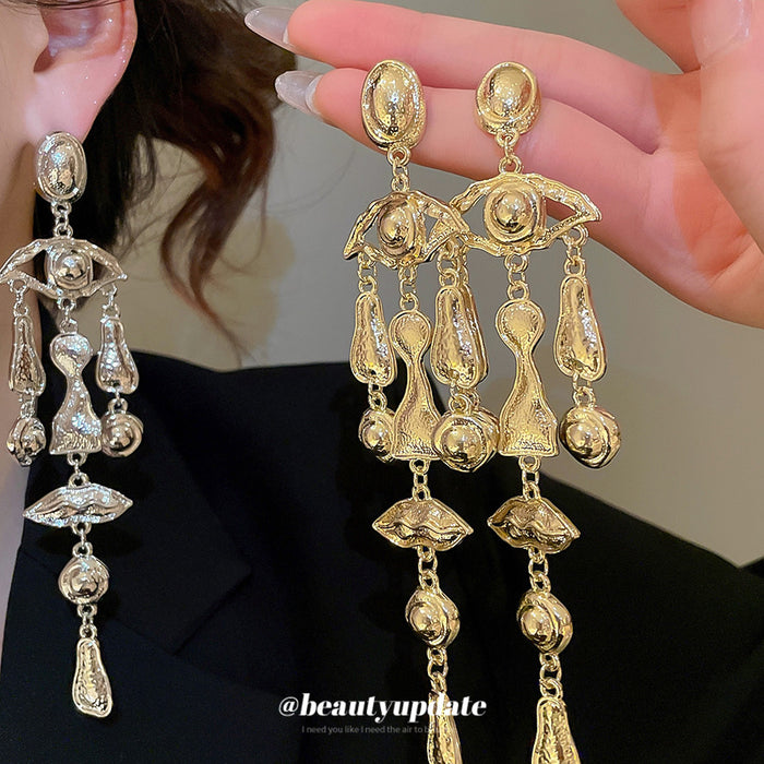 Silver Tone Oval Medallion Fringe Drop Earrings Decorative Jewelry Pair
