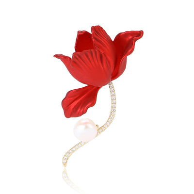 Red matte tulip brooch pearl rhinestone stem front white