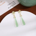Green Long Teardrop and Gold Leaf Dangle Stud Earrings view 4