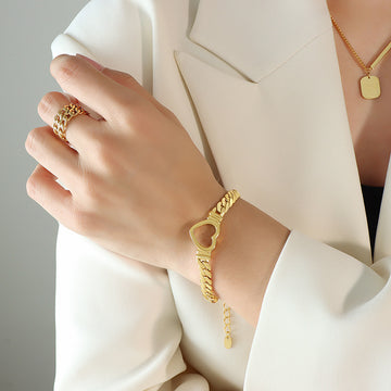 Open Heart Curb Chain Bracelet Gold or Steel Finish