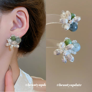 Silver Tone Flower Stud Earrings with Green and Blue Beads