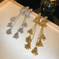 Long Bell and Chain Tassel Earrings in Gold and Silver Tones view 2