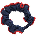 Denim Ruffle Edge Scrunchie Red Trim Light Blue Hair Tie view 5