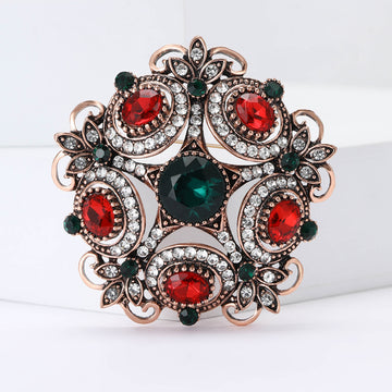 Baroque Copper Tone Red Green Crystal Floral Brooch Pin