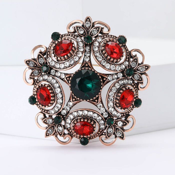 Baroque Copper Tone Red Green Crystal Floral Brooch Pin