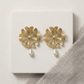 Gold Layered Open Flower and Pearl Look Drop Earrings view 3