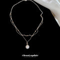 Silver Double Layer Wave Chain Pearl Drop Necklace view 2