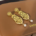 Gold Tone Sun Filigree Teardrop Pearl Look Dangle Earrings view 3