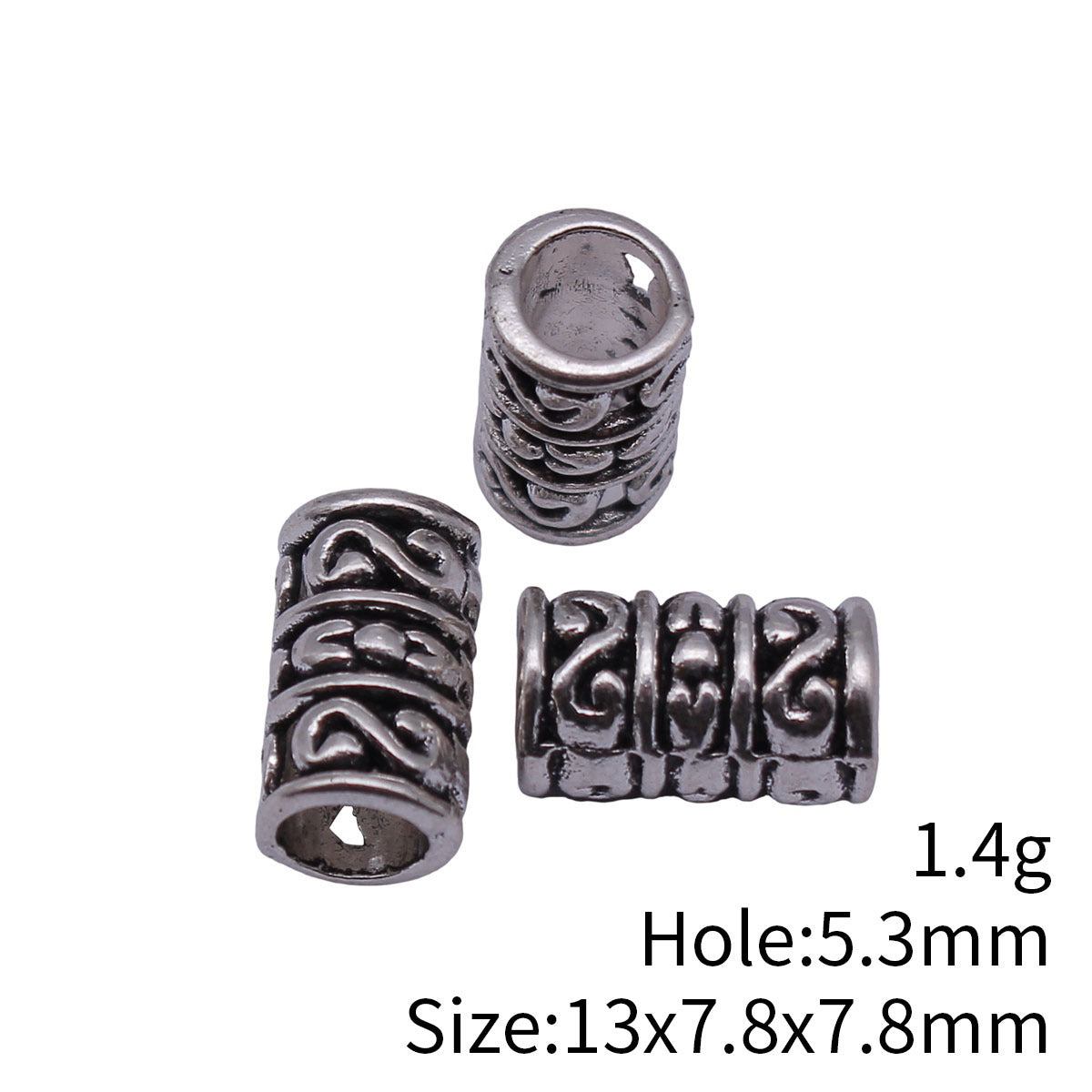 13x7.8x7.8mm 1.4g Antique Silver Zinc Alloy S Pattern Tube Spacer Beads for Dreadlock Hair Jewelry