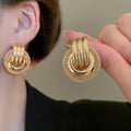 Triple Loop Round Statement Stud Earrings in Gold and Silver Tones view 3