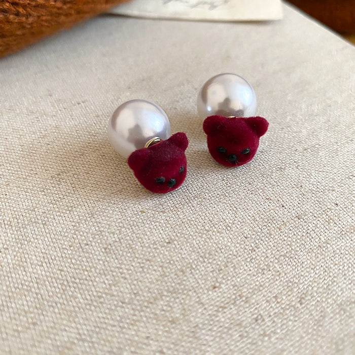Flocked Bear And Pearl Double Sided Stud Earrings For Distinctive Statement Styling