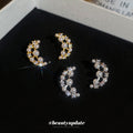 Crystal Crescent Stud Earrings With Pearl Accents In Two Tones view 2