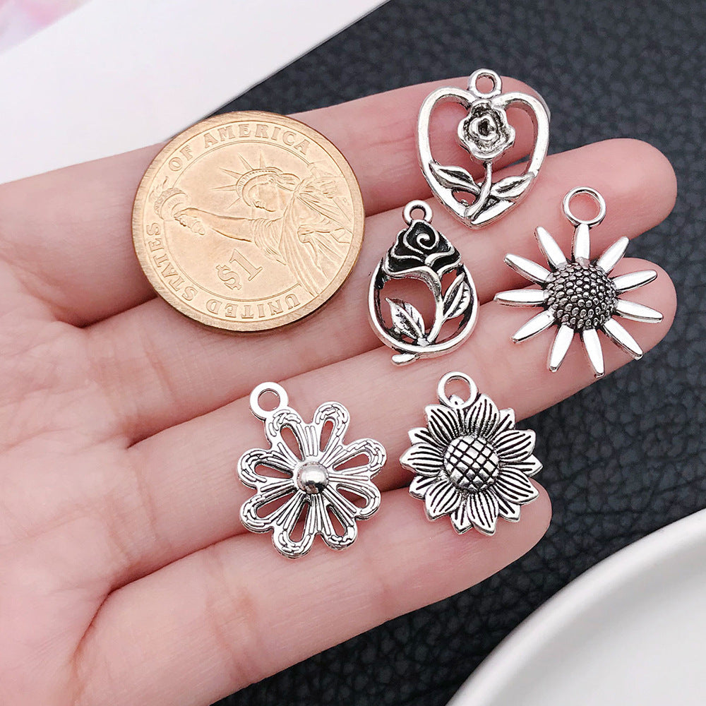 Antique Silver Zinc Alloy Rose Sunflower Flower Charm Pendants for DIY Floral Jewelry