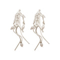 Silver Tone Branch Drop Earrings with White Pearl Accents view 4