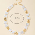White Faux Pearl Square Bead Necklace With Gold Nugget Accents view 2
