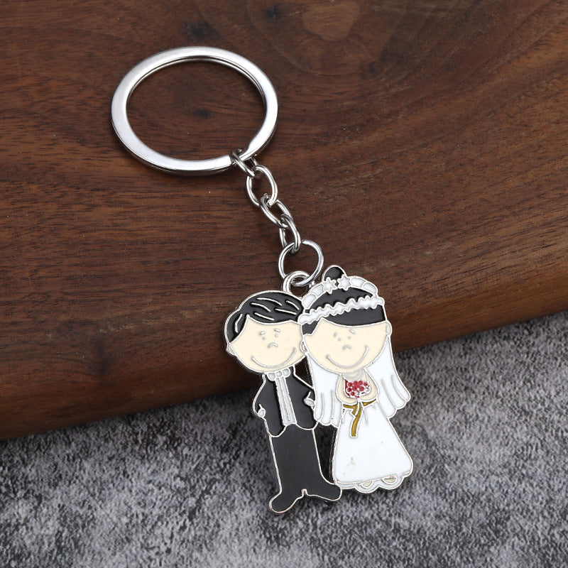 Bride and Groom Enamel Keychain, Cute Couple Metal Bag Charm