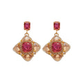 Gold Tone Red Crystal and Rose Flower Drop Stud Earrings view 5