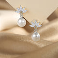 Snowflake Crystal Pearl Drop Stud Earrings in Two Tones view 5