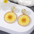 Gold Tone Round Resin Pressed Flower Drop Stud Earrings in Five Colors view 7