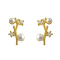 Gold Tone Branch White Pearl And Clear Flower Stud Earrings view 5