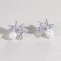 White Gold Tone Marquise Flower Pearl Drop Stud Earrings view 2