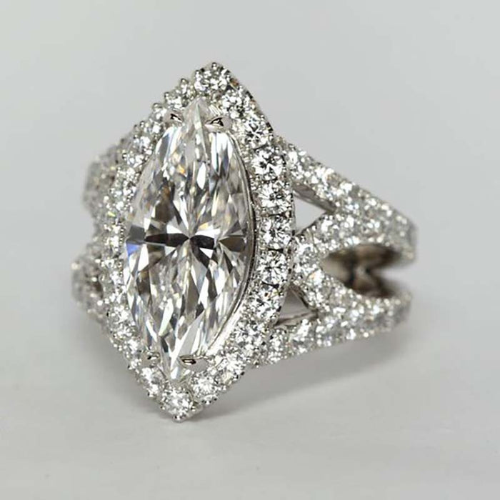 White Gold Marquise Halo Cross Band Clear Stone Ring