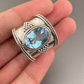 Aqua Oval Stone Extra-Wide Filigree Ring In Antiqued Silver Tone view 1