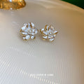 White Petal Cluster Gold Stud Earrings Polished Metal Jewelry view 4