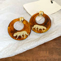 Amber Brown Resin Hoop Earrings With White Tiger Motif view 6