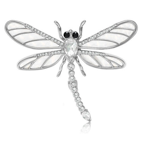 Silver tone dragonfly brooch white enamel wings black eyes front view