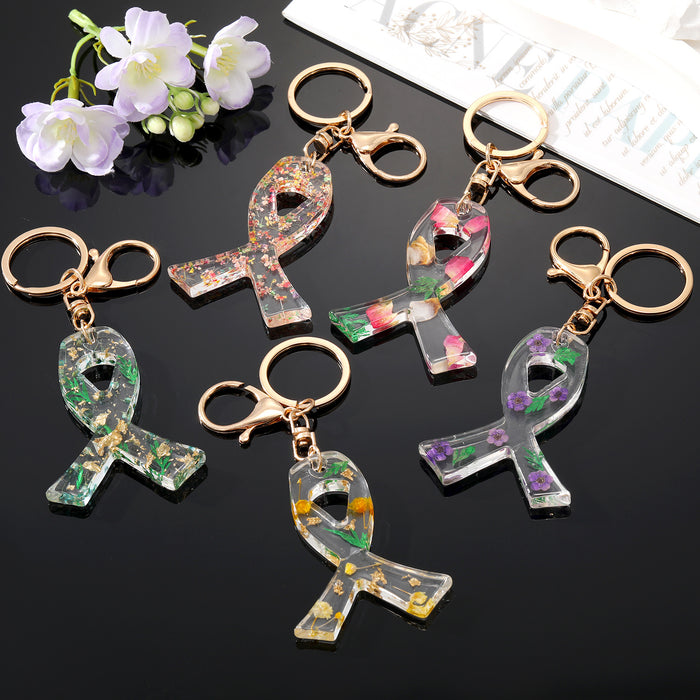 Clear Resin Pressed Flower Ankh Cross Split Ring Keychains in Five Designs