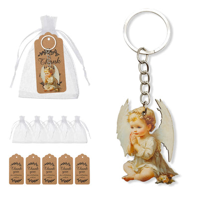 Praying baby angel wood keychain with organza bags and kraft tags