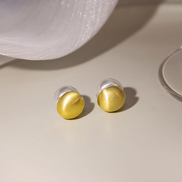Gold Brushed Dome Front Back White Pearl Stud Earrings