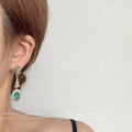 Gold Tone Green Flower Oval Stone And Clear Halo Drop Earrings view 2