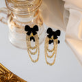 Black Velvet Bow Rhinestone Multi Loop Drop Earrings Gold view 2