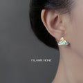 Gold Mountain Peak Blue Green Cloud Enamel Stud Earrings view 2