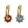 Gold Asymmetric Blue Rust Enamel Disc Hoop Earrings view 5