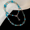 Turquoise Blue Beaded Long Necklace Oval Stone Accents view 6