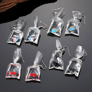 Clear Resin Water Bag Fish Drop Earrings with Silver-Tone Hooks